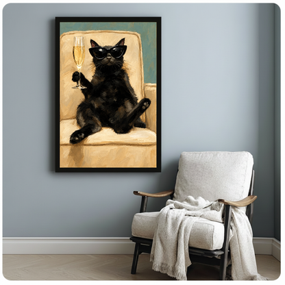 Framed champagne lounge cat artwork beside a pale reading chair against a blue-gray wall.