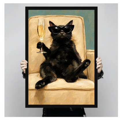 Person holding black framed champagne lounge cat artwork against a plain pale background.