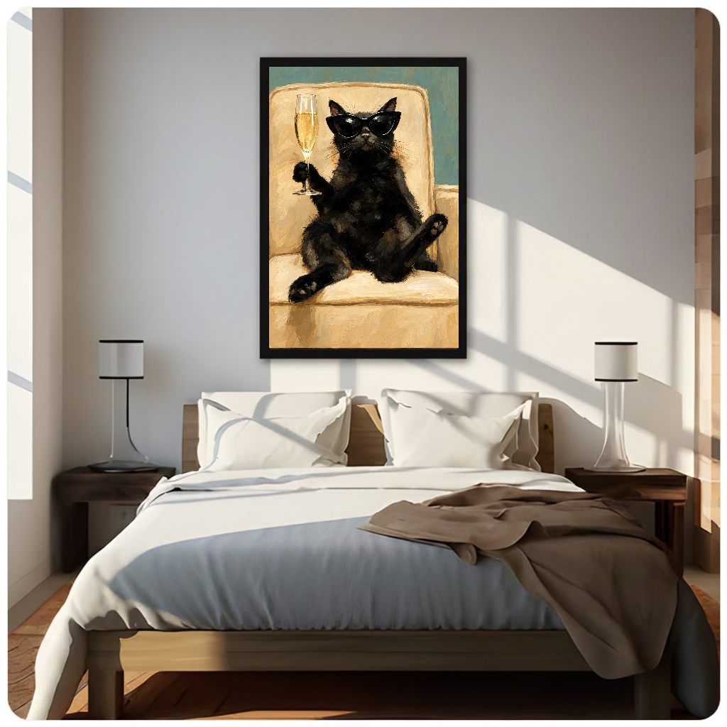 Champagne lounge cat canvas above a neutral bed with lamps and soft window light.