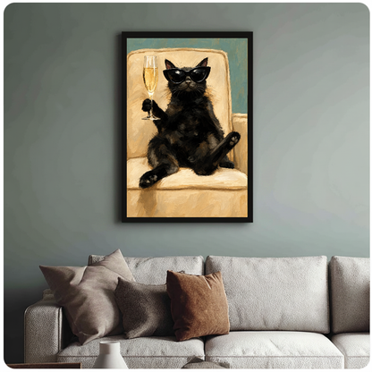 Framed champagne lounge cat painting above a sofa with muted cushions against a green-gray wall.