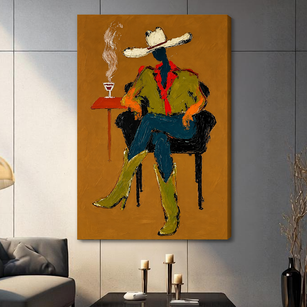 Stretched seated western cowboy canvas in a paneled living room with a shaded wrapped edge.
