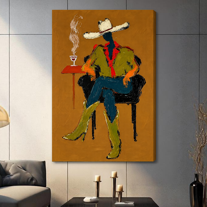 Stretched seated western cowboy canvas in a paneled living room with a shaded wrapped edge.