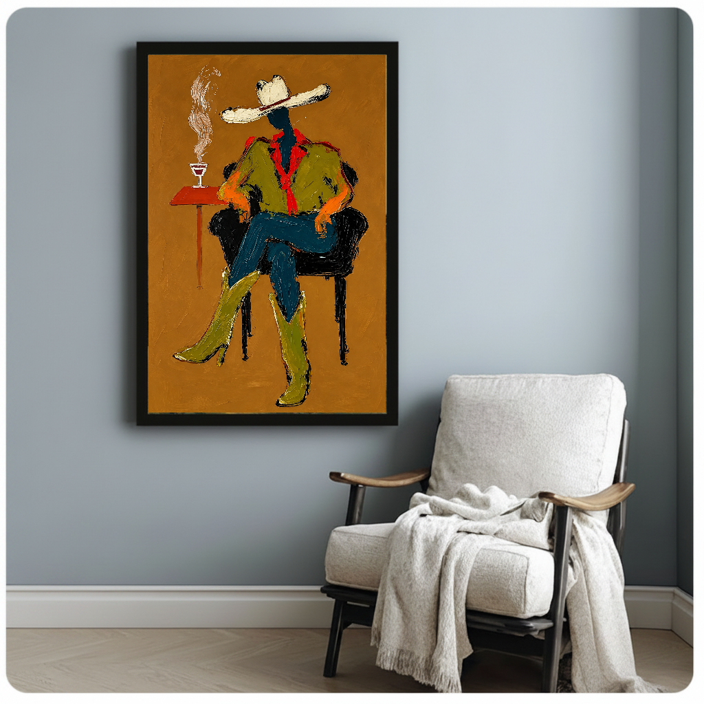 Framed seated western cowboy artwork beside a pale reading chair against a blue-gray wall.