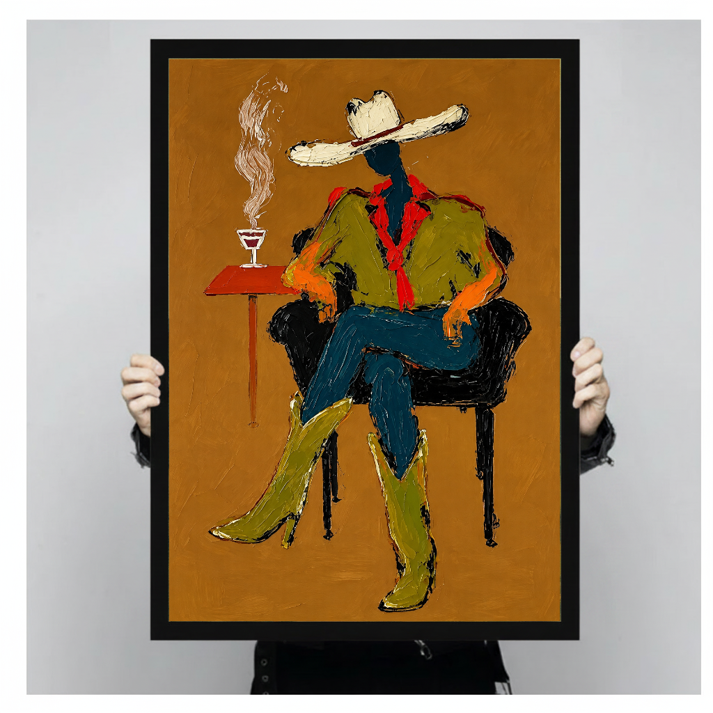 Person holding black framed seated western cowboy artwork against a plain pale background.