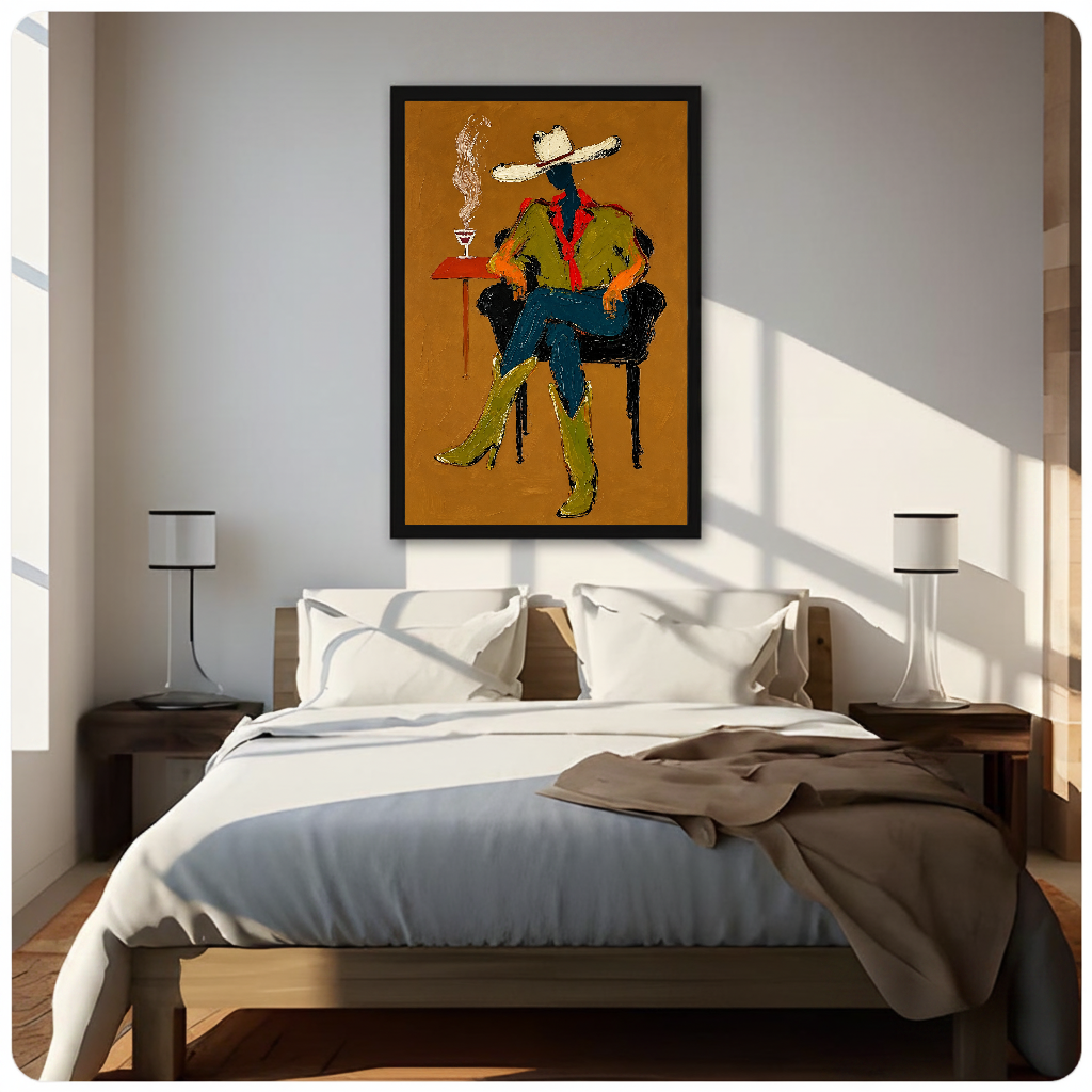 Seated western cowboy canvas above a neutral bed with lamps and soft window light.