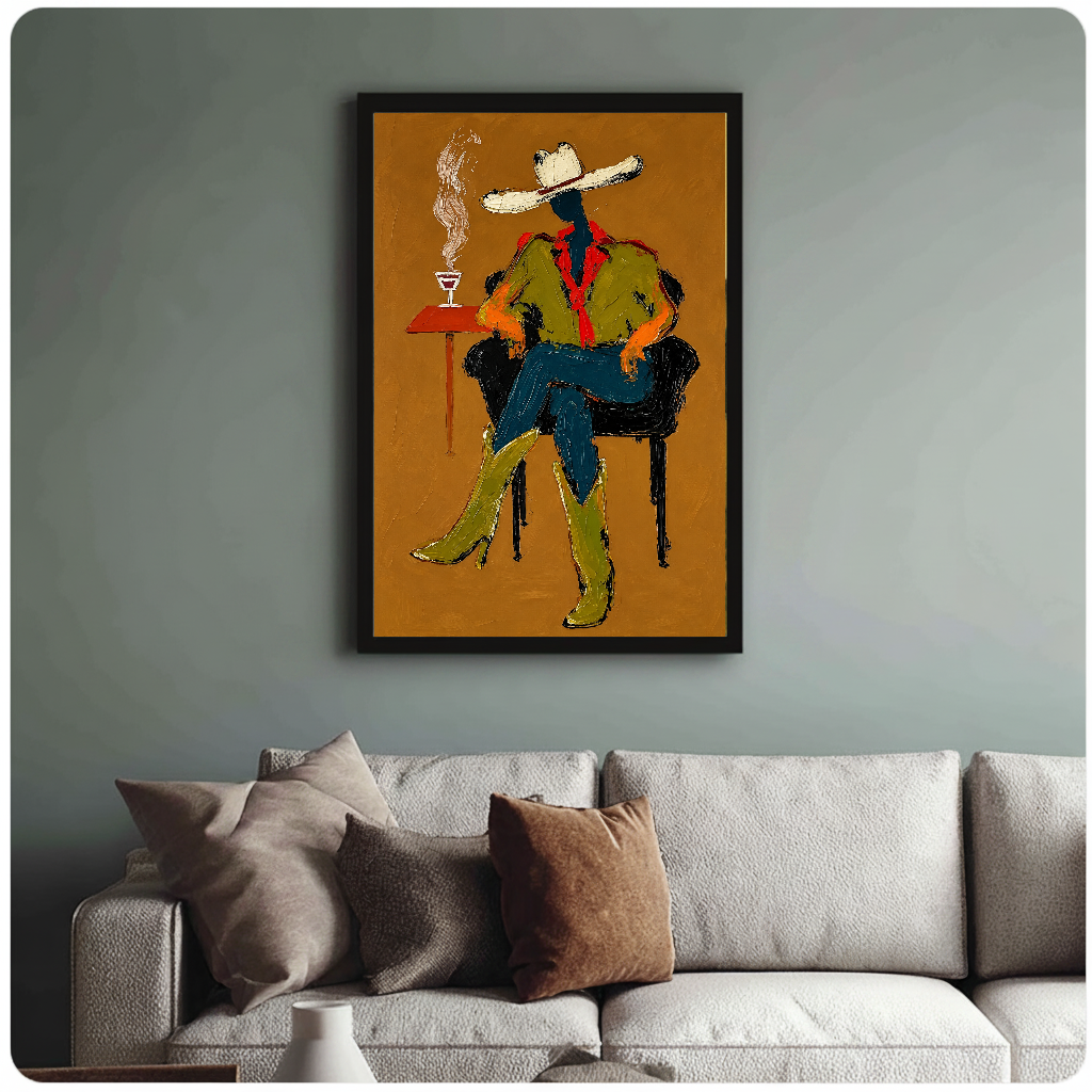 Framed seated western cowboy painting above a sofa with muted cushions against a green-gray wall.