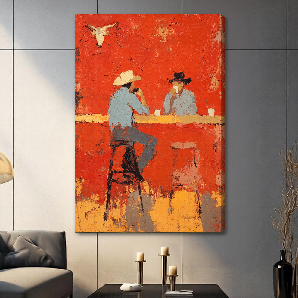Stretched cowboys at bar canvas in a paneled living room with a shaded wrapped edge.