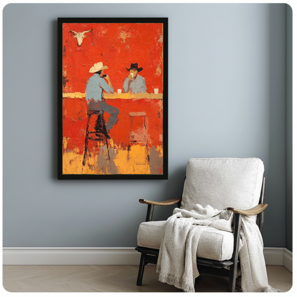 Framed cowboys at bar artwork beside a pale reading chair against a blue-gray wall.