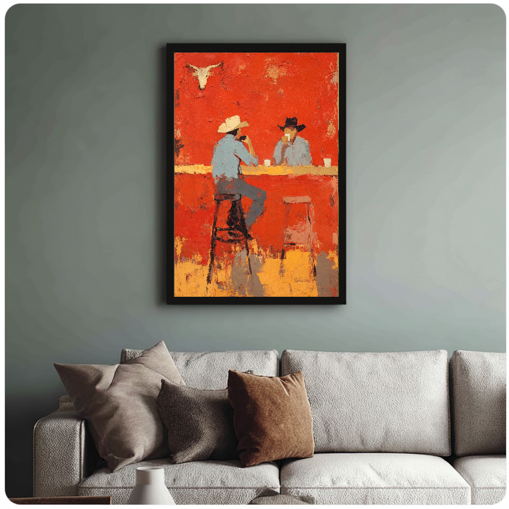 Framed cowboys at bar painting above a sofa with muted cushions against a green-gray wall.