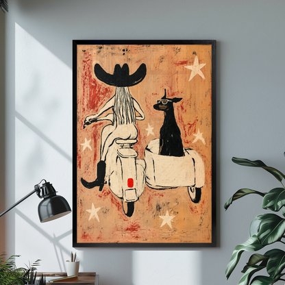 Black framed cowgirl scooter dog canvas above a bright desk with lamp and green plant.