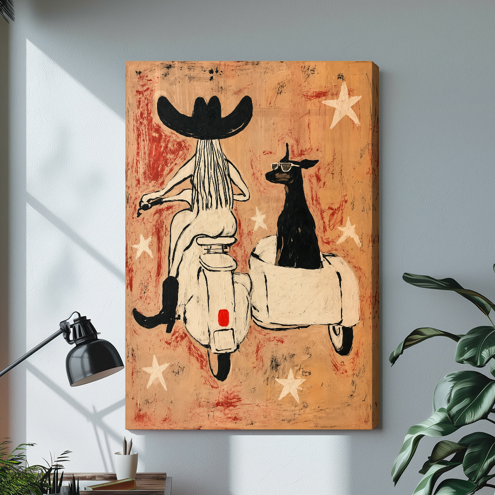 Stretched cowgirl scooter dog canvas above a light desk, showing a shaded wrapped side edge.