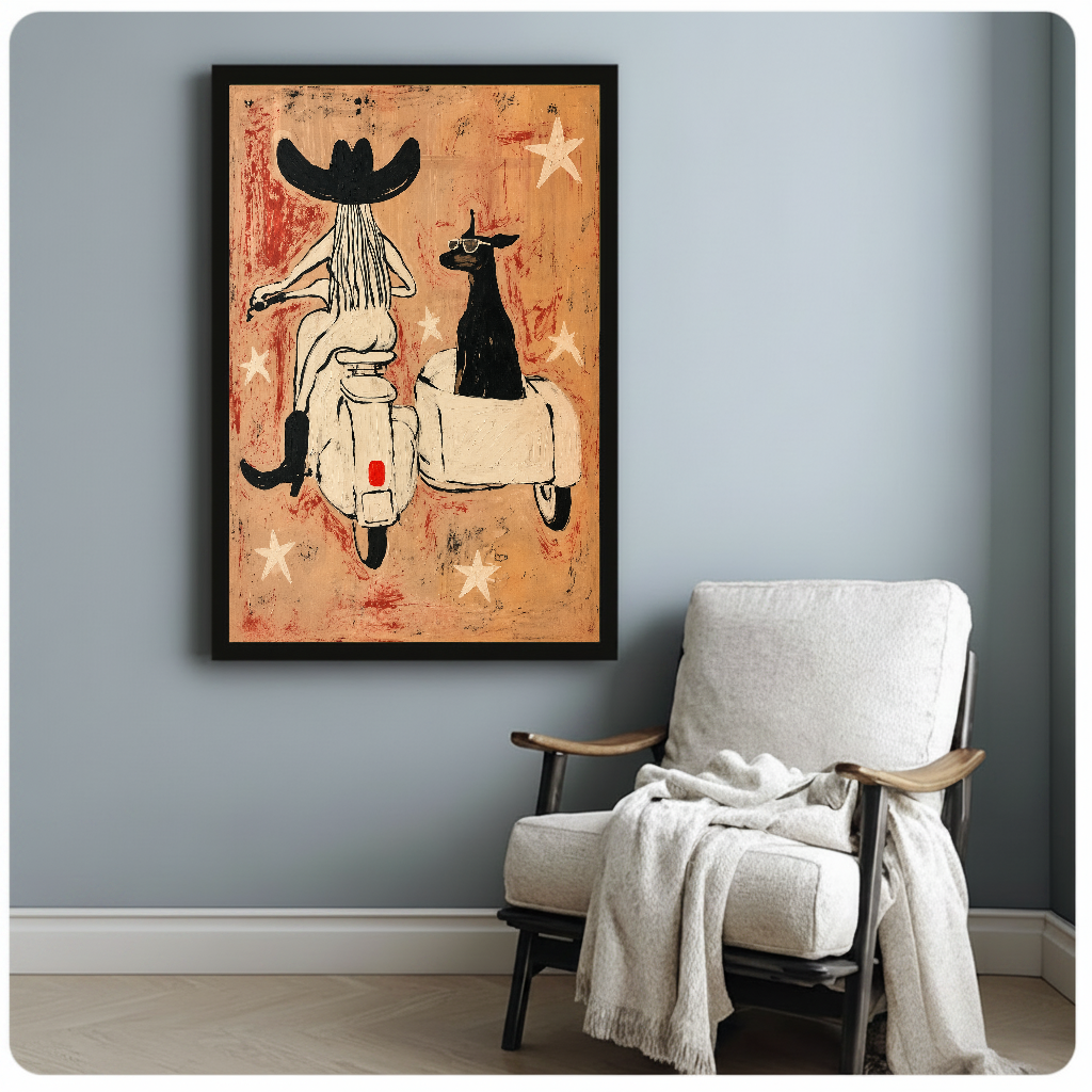 Framed cowgirl scooter dog artwork beside a pale reading chair against a blue-gray wall.