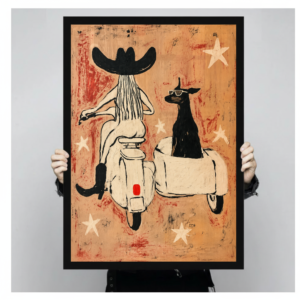 Person holding black framed cowgirl scooter dog artwork against a plain pale background.