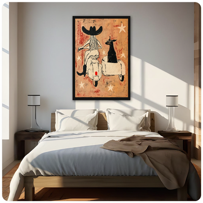 Cowgirl scooter dog canvas above a neutral bed with lamps and soft window light.