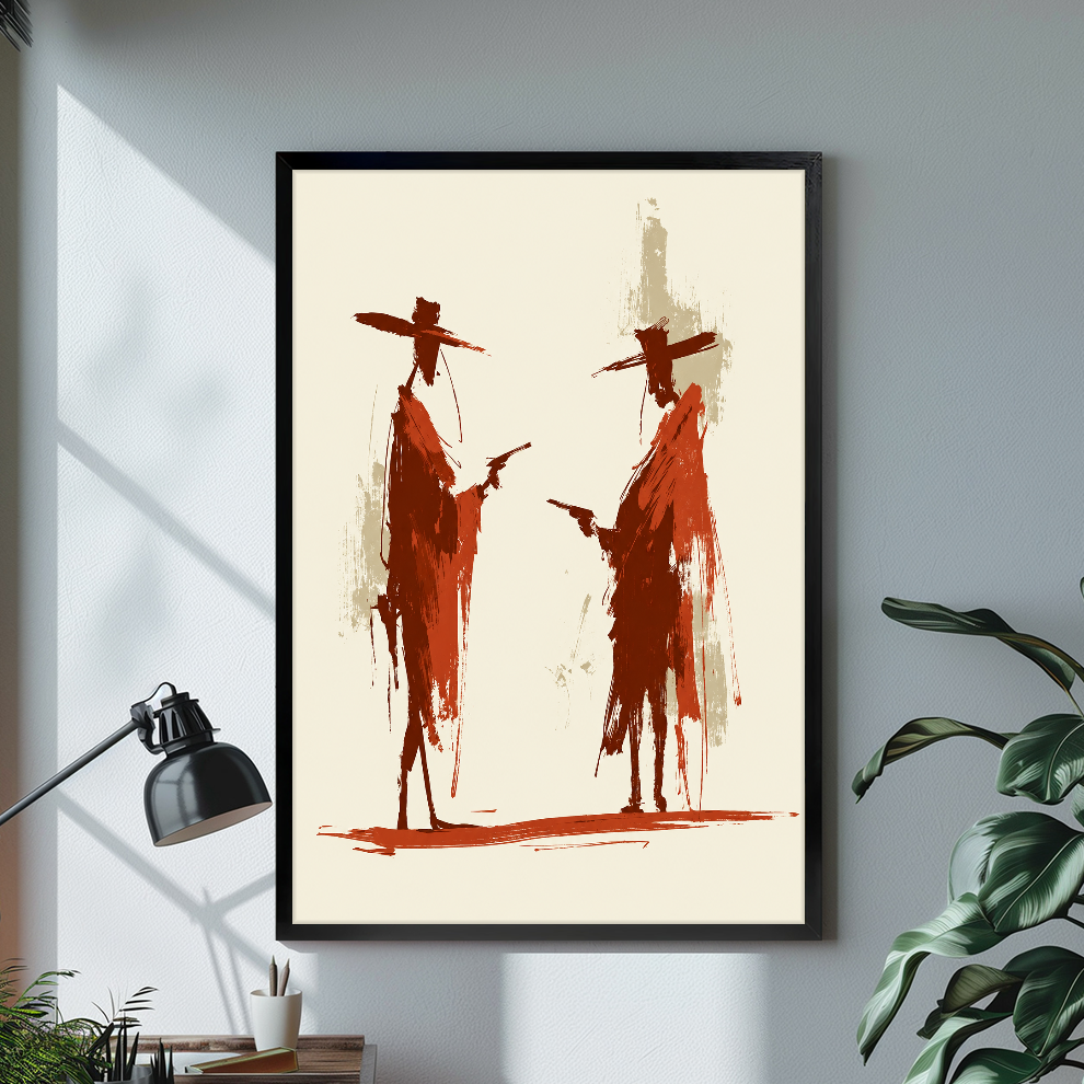 Black framed canvas depicting two rust red cowboy silhouettes on a bright desk with a lamp.