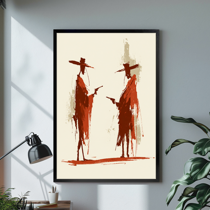 Black framed canvas depicting two rust red cowboy silhouettes on a bright desk with a lamp.