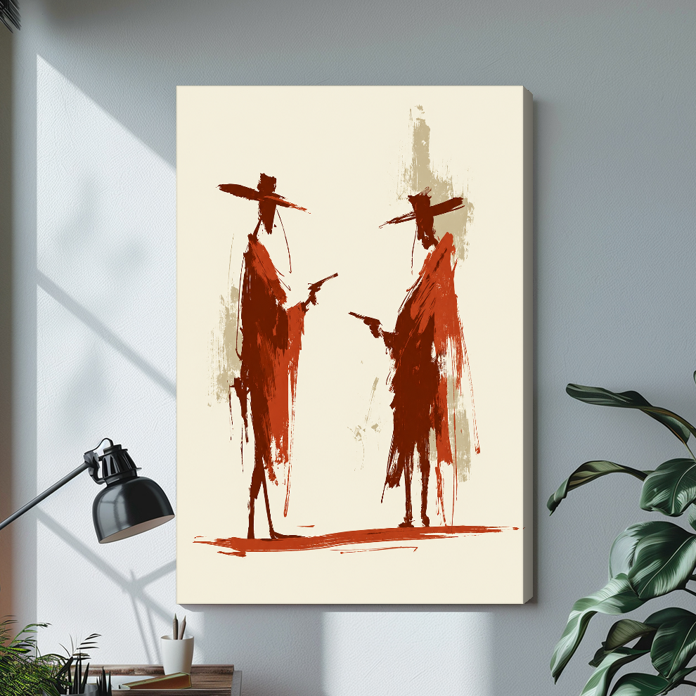 Stretched canvas depicting two rust red cowboy silhouettes displayed on a bright desk with a lamp.