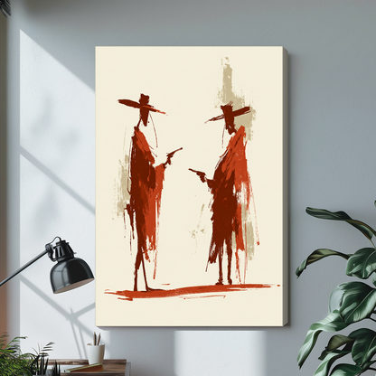 Stretched canvas depicting two rust red cowboy silhouettes displayed on a bright desk with a lamp.