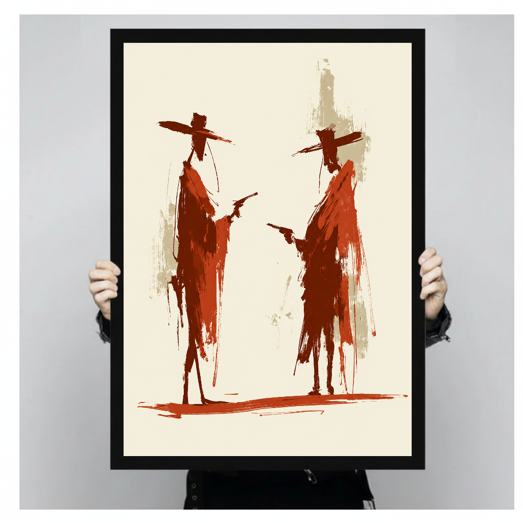 Framed artwork of two rust red cowboy silhouettes held by a person against a pale backdrop.