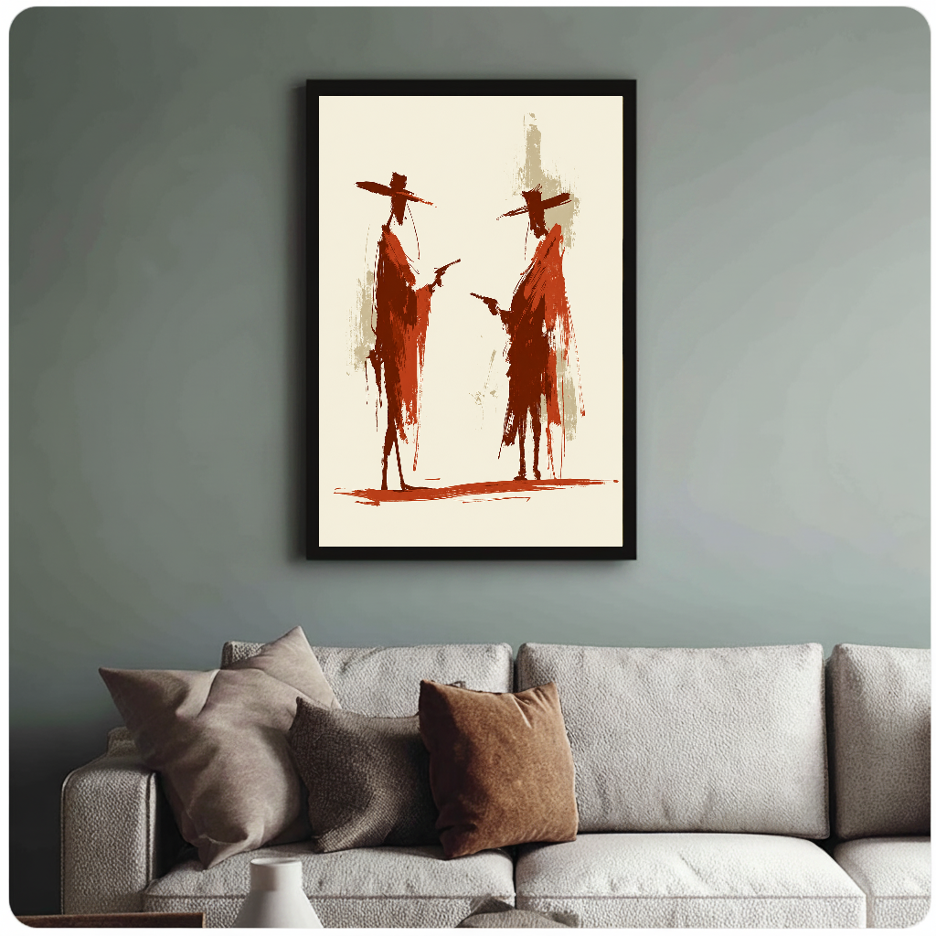 Framed artwork of two rust red cowboy silhouettes above a sofa with muted cushions.