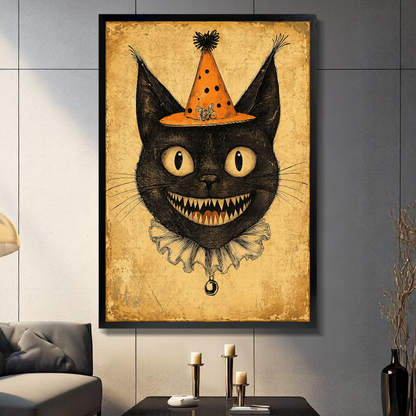 Black framed canvas depicting a black cat wearing an orange clown hat on a gray paneled wall with candles.