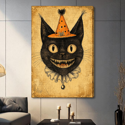 Stretched canvas depicting a black cat wearing an orange clown hat displayed on a gray paneled wall with candles.