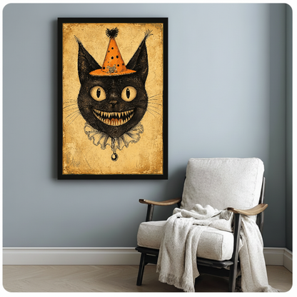 Framed artwork of a black cat wearing an orange clown hat beside a pale reading chair against a gray wall.