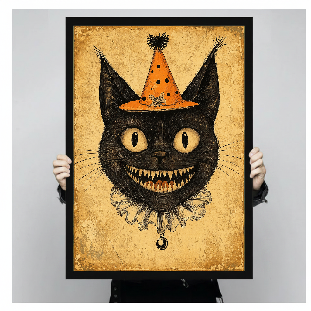 Framed artwork of a black cat wearing an orange clown hat held by a person against a pale backdrop.