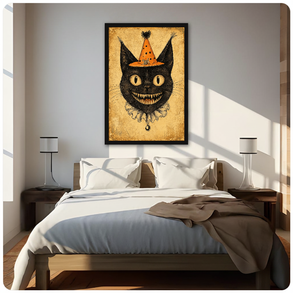 Framed artwork of a black cat wearing an orange clown hat above a neutral bed between two bedside lamps.