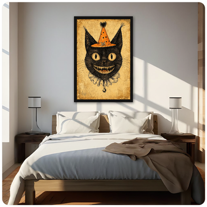 Framed artwork of a black cat wearing an orange clown hat above a neutral bed between two bedside lamps.