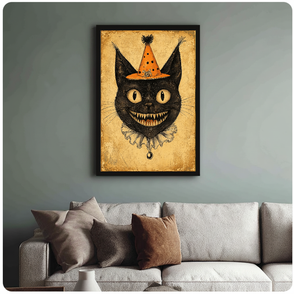 Framed artwork of a black cat wearing an orange clown hat above a sofa with muted cushions.