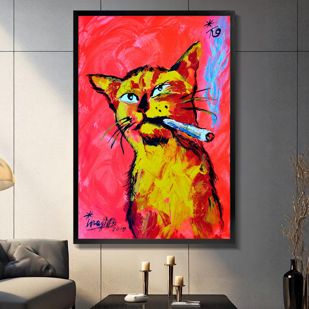 Black framed neon cigar cat canvas above a console beside a sofa in a paneled room.