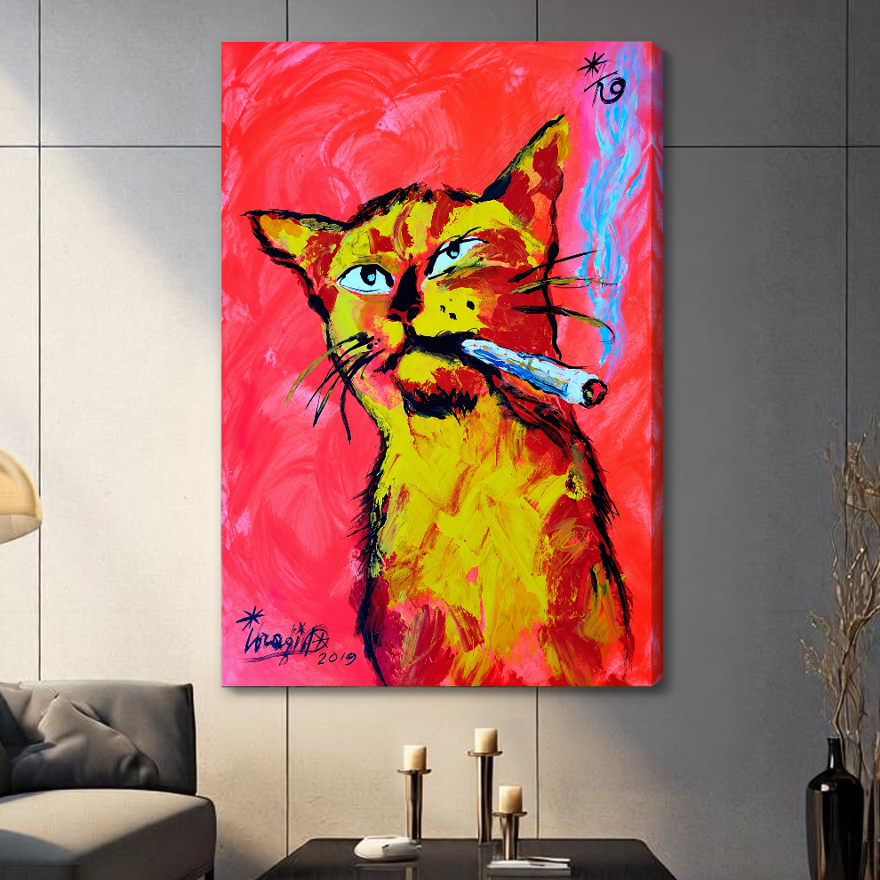 Stretched neon cigar cat canvas in a paneled living room with a shaded wrapped edge.