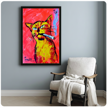 Framed neon cigar cat artwork beside a pale reading chair against a blue-gray wall.