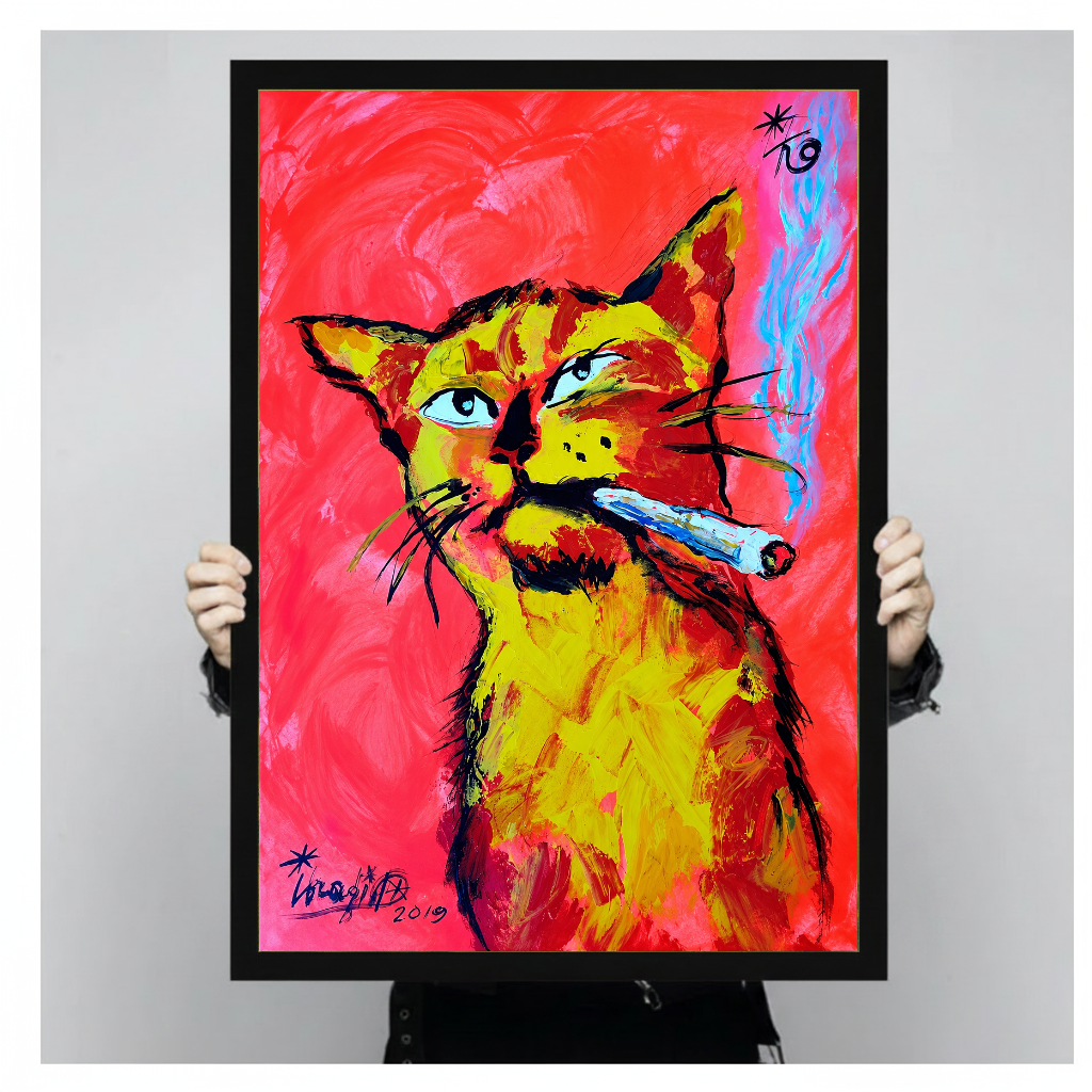 Person holding black framed neon cigar cat artwork against a plain pale background.