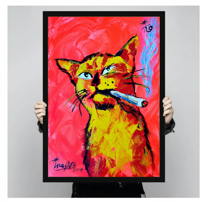 Person holding black framed neon cigar cat artwork against a plain pale background.