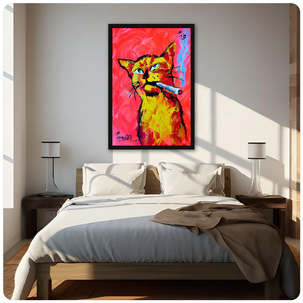Neon cigar cat canvas above a neutral bed with lamps and soft window light.