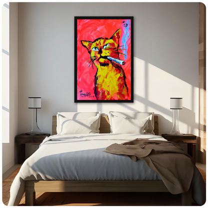 Neon cigar cat canvas above a neutral bed with lamps and soft window light.
