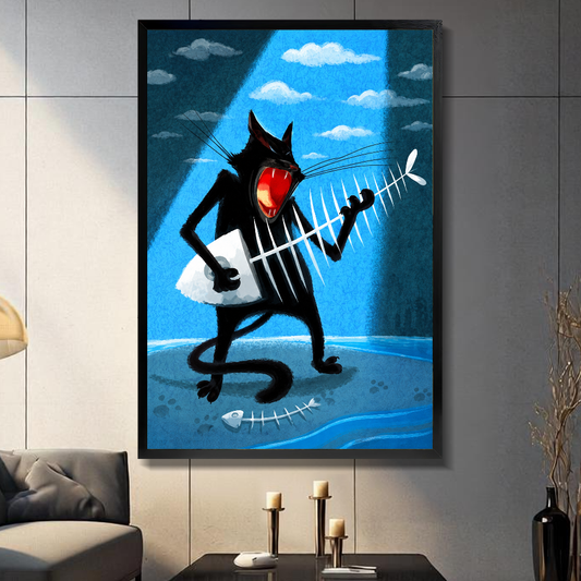 Black framed canvas depicting a singing black cat playing a fishbone guitar on a gray paneled wall with candles.
