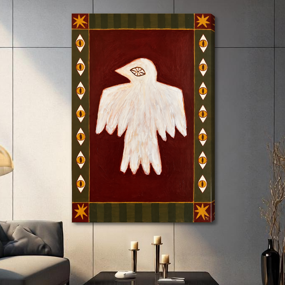 Stretched folk bird with eyes canvas in a paneled living room with a shaded wrapped edge.