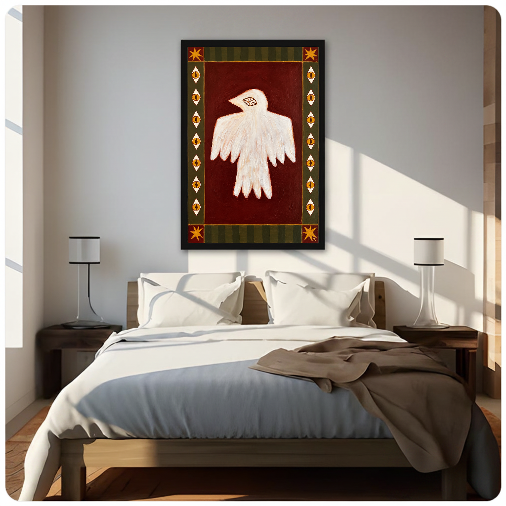 Folk bird with eyes canvas above a neutral bed with lamps and soft window light.