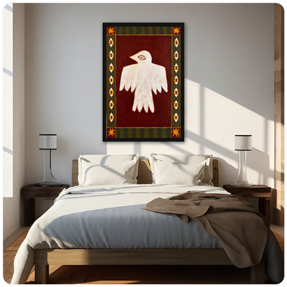 Folk bird with eyes canvas above a neutral bed with lamps and soft window light.
