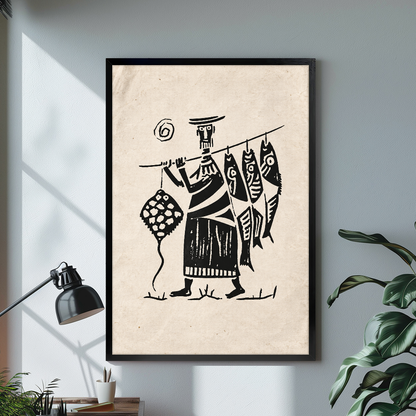 Black framed canvas depicting a fisherman carrying four fish on a pole on a bright desk with a lamp.