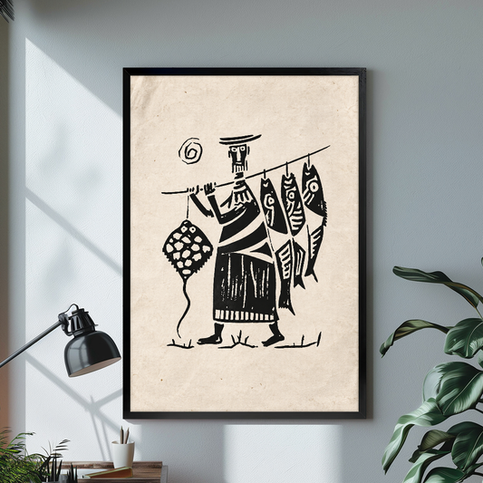 Black framed canvas depicting a fisherman carrying four fish on a pole on a bright desk with a lamp.