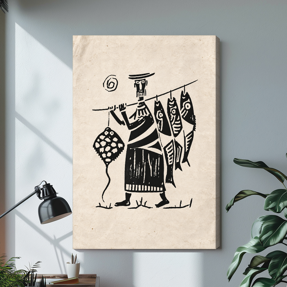 Stretched canvas depicting a fisherman carrying four fish on a pole displayed on a bright desk with a lamp.