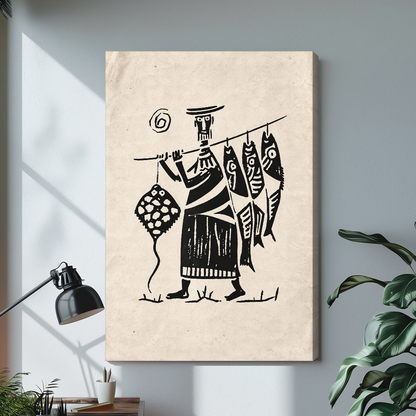 Stretched canvas depicting a fisherman carrying four fish on a pole displayed on a bright desk with a lamp.