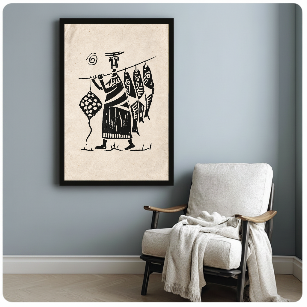 Framed artwork of a fisherman carrying four fish on a pole beside a pale reading chair against a gray wall.