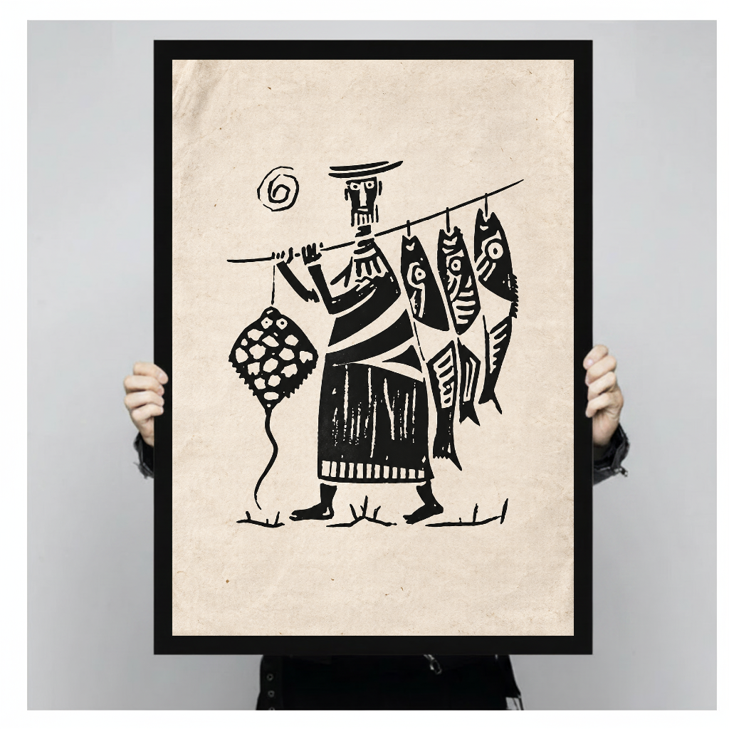 Framed artwork of a fisherman carrying four fish on a pole held by a person against a pale backdrop.