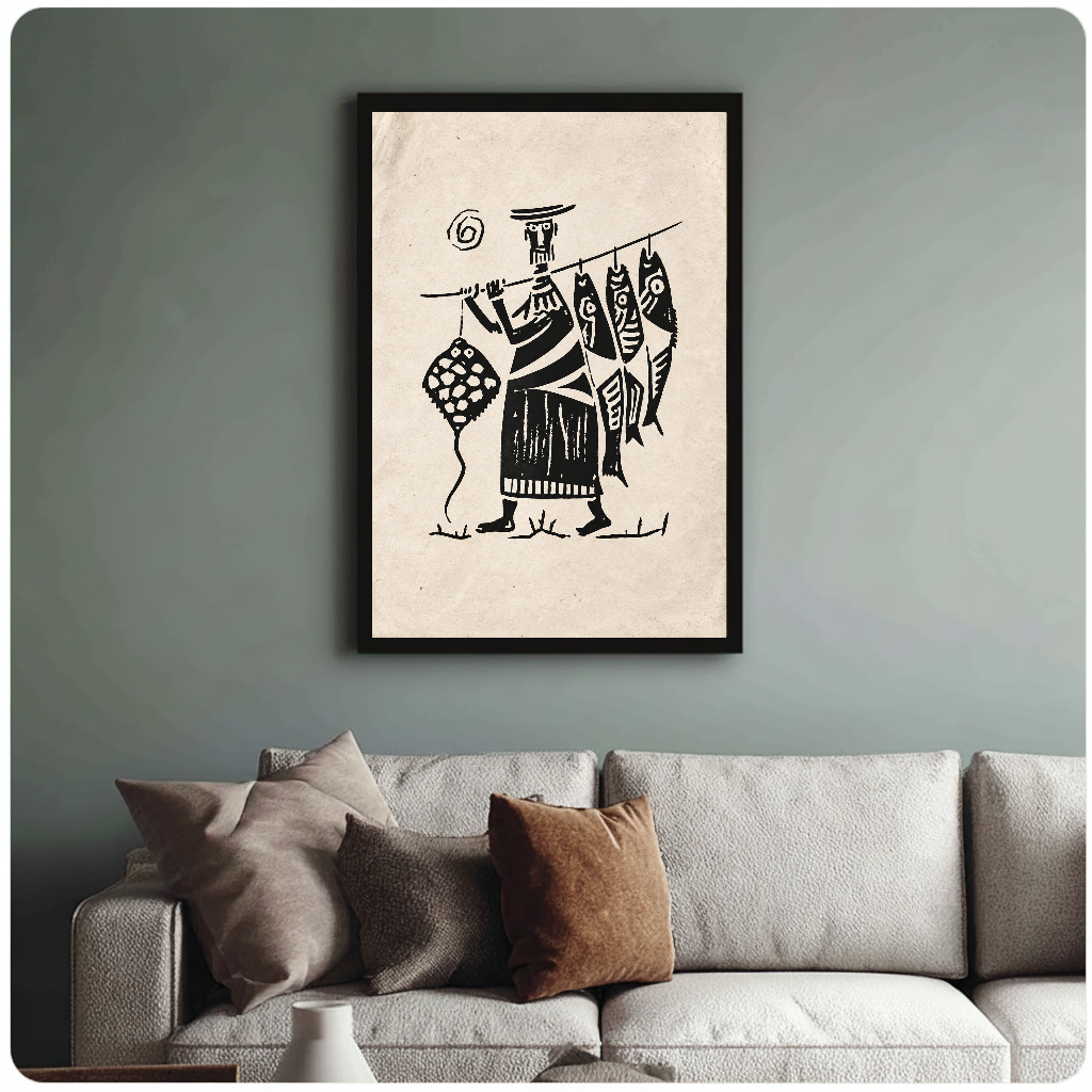 Framed artwork of a fisherman carrying four fish on a pole above a sofa with muted cushions.