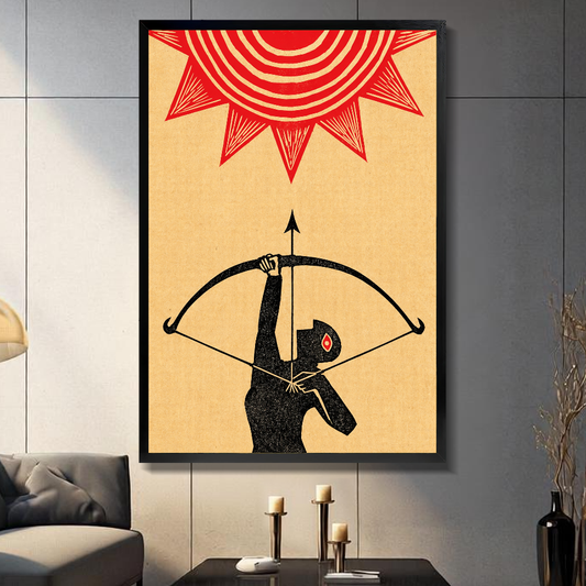 Black framed canvas depicting a black archer silhouette beneath a red sun on a gray paneled wall with candles.